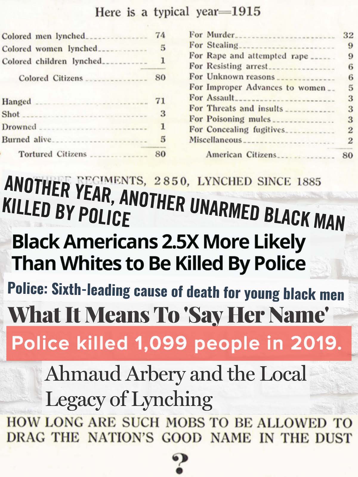 Historical book text and current headline text overlaid describing black men killed by police in 1915 and today